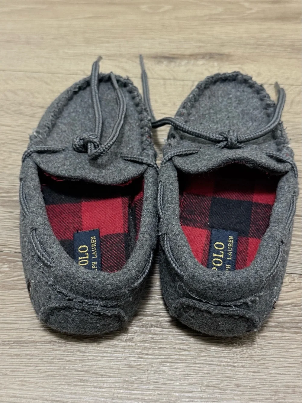 Polo by Ralph Lauren Kids Gray Moccasin Slippers with Red Lining